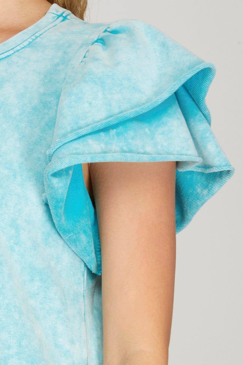 BLUE RUFFLE SLEEVES FRENCH TERRY MINI DRESS