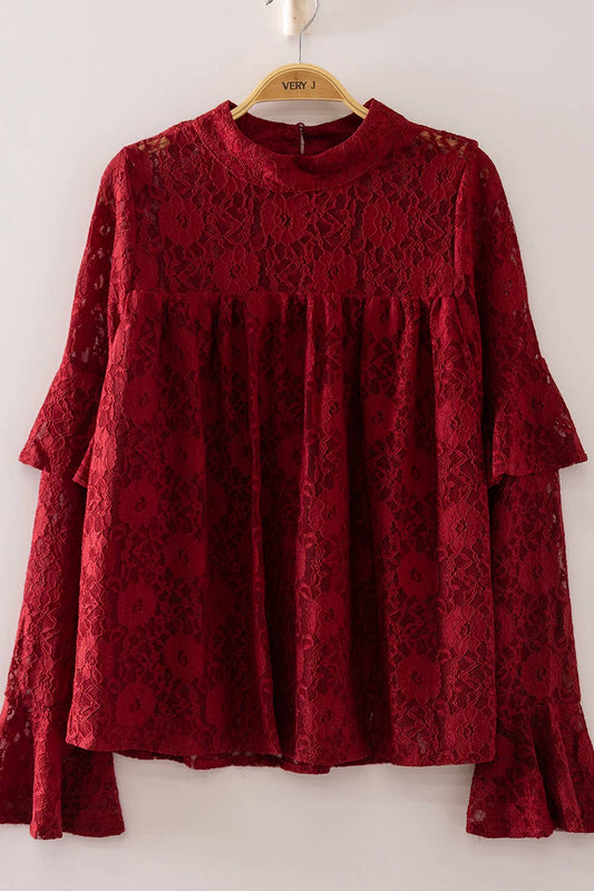 NT12904-Lace Babydoll Mock Neck Top: WINE / S-M-L/2-2-2