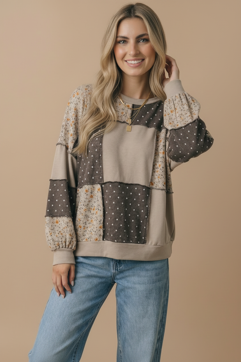 Round Neck Mixed Print Patchwork Pullover: GREY/CHARCOAL / S
