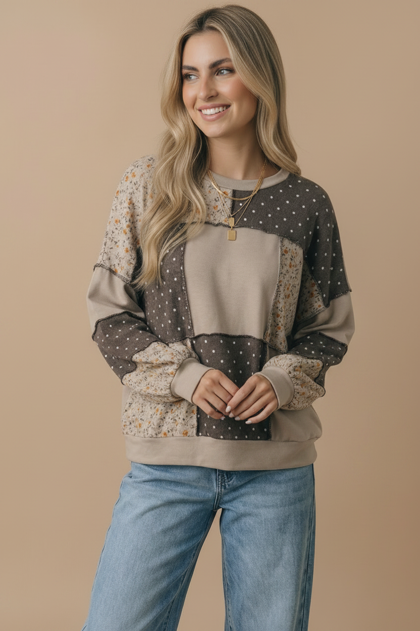 Round Neck Mixed Print Patchwork Pullover: GREY/CHARCOAL / S