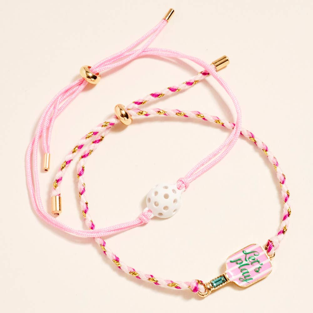 2PCS - LETS PLAY Pickleball Paddle Ball Accent Adjustable Cinch Pull Tie Bracelets