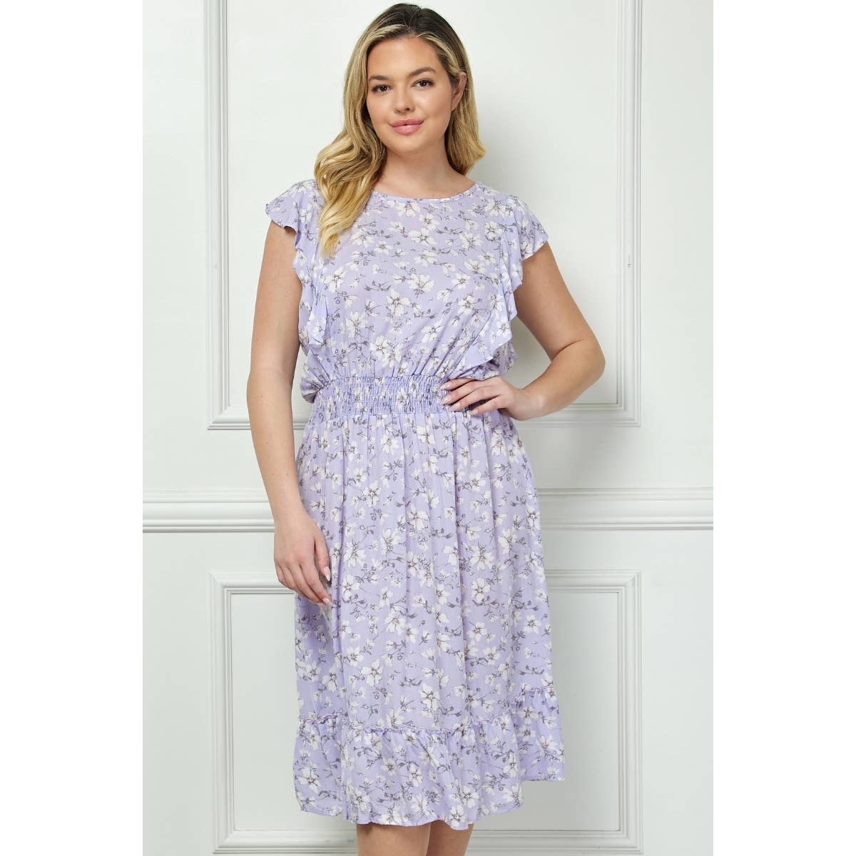 Plus Size Vintage Floral Flutter Midi Dress: Lilac