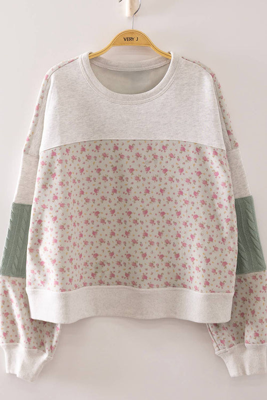 Floral Patchwork Contrast Sweatshirt: SAGE/FLORAL