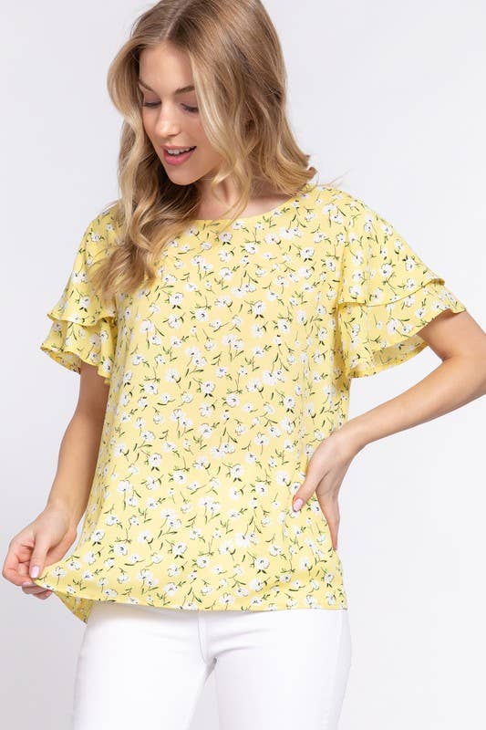 Double Ruffle Short Sleeve Round Neck Floral Prin: Ylw-Yellow / M