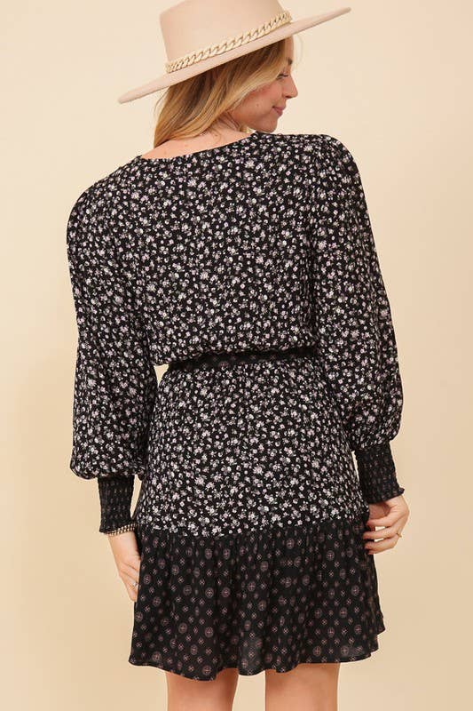 Black Floral Combo Front Tie Dress