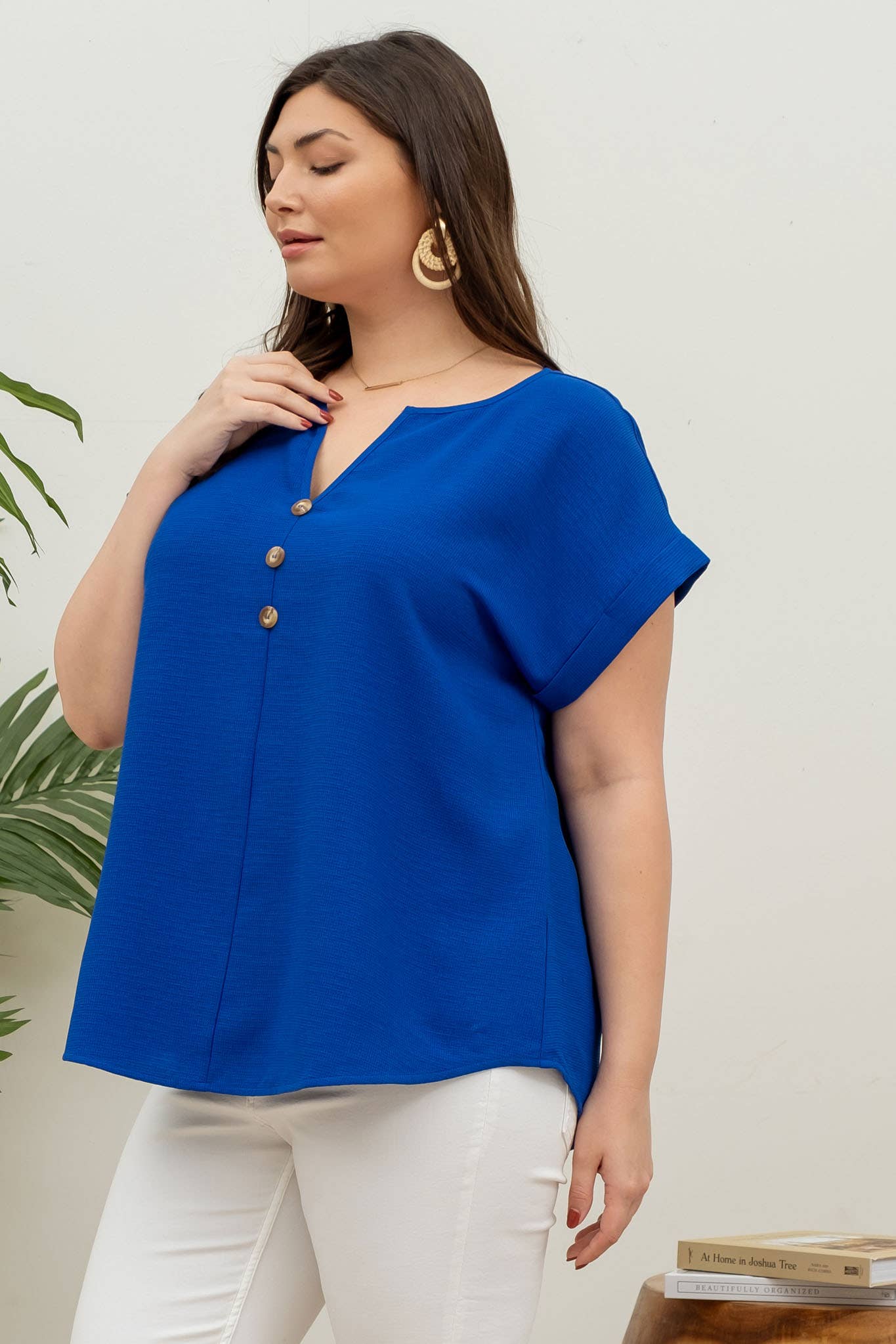 PLUS  BUTTON FRONT SHORT SLEEVE WOVEN TOP: ROYAL BLUE