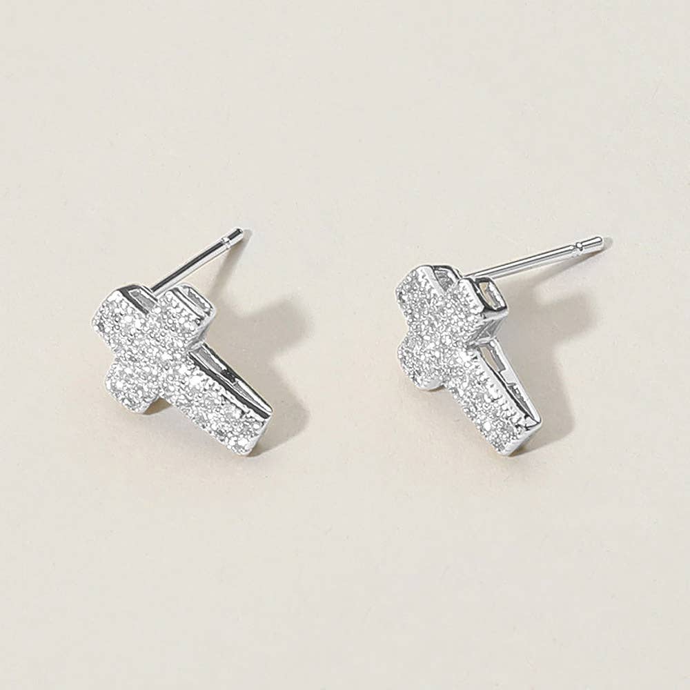 CZ Stone Paved Cross Stud Earrings: Yellow Gold