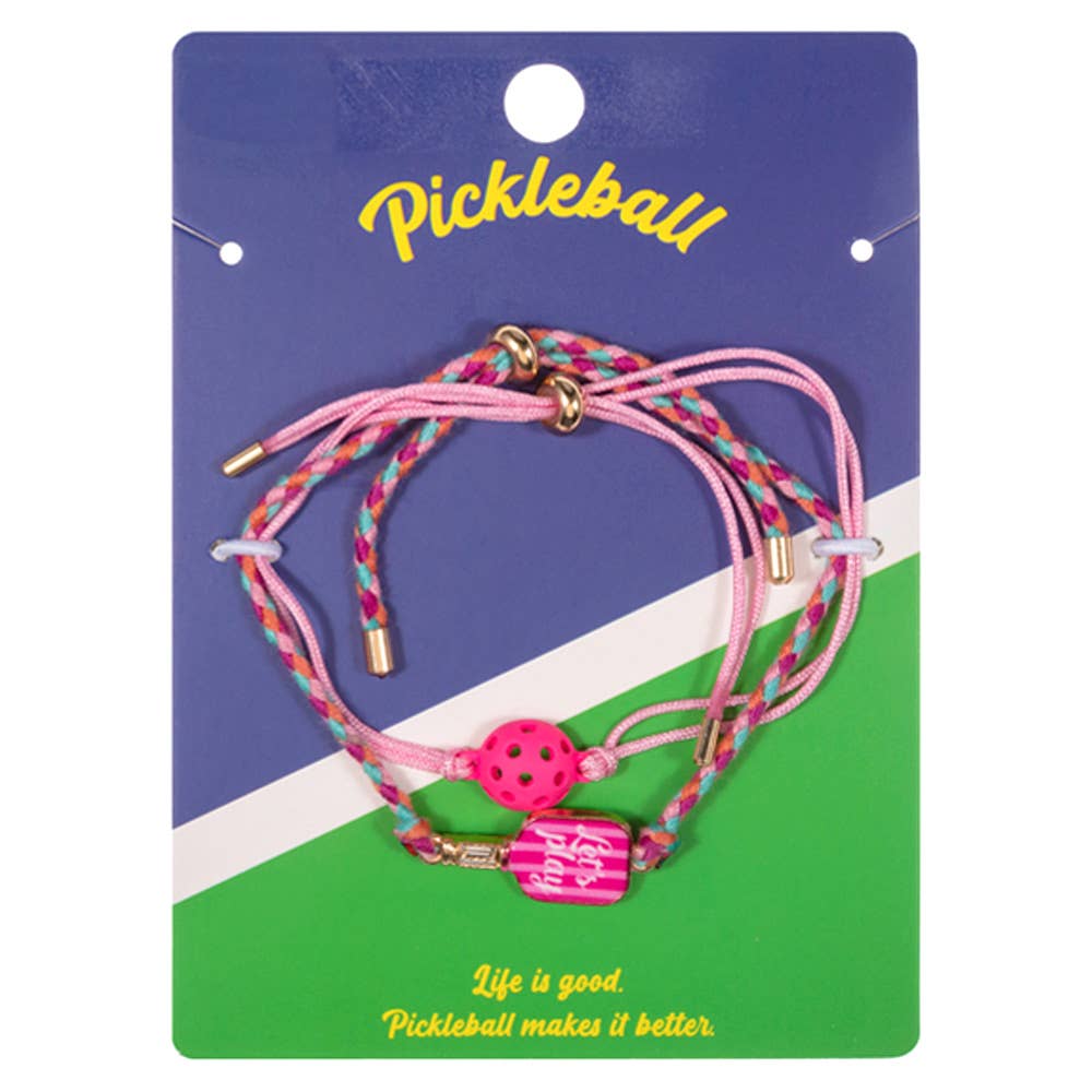 2PCS - LETS PLAY Pickleball Paddle Ball Accent Adjustable Cinch Pull Tie Bracelets