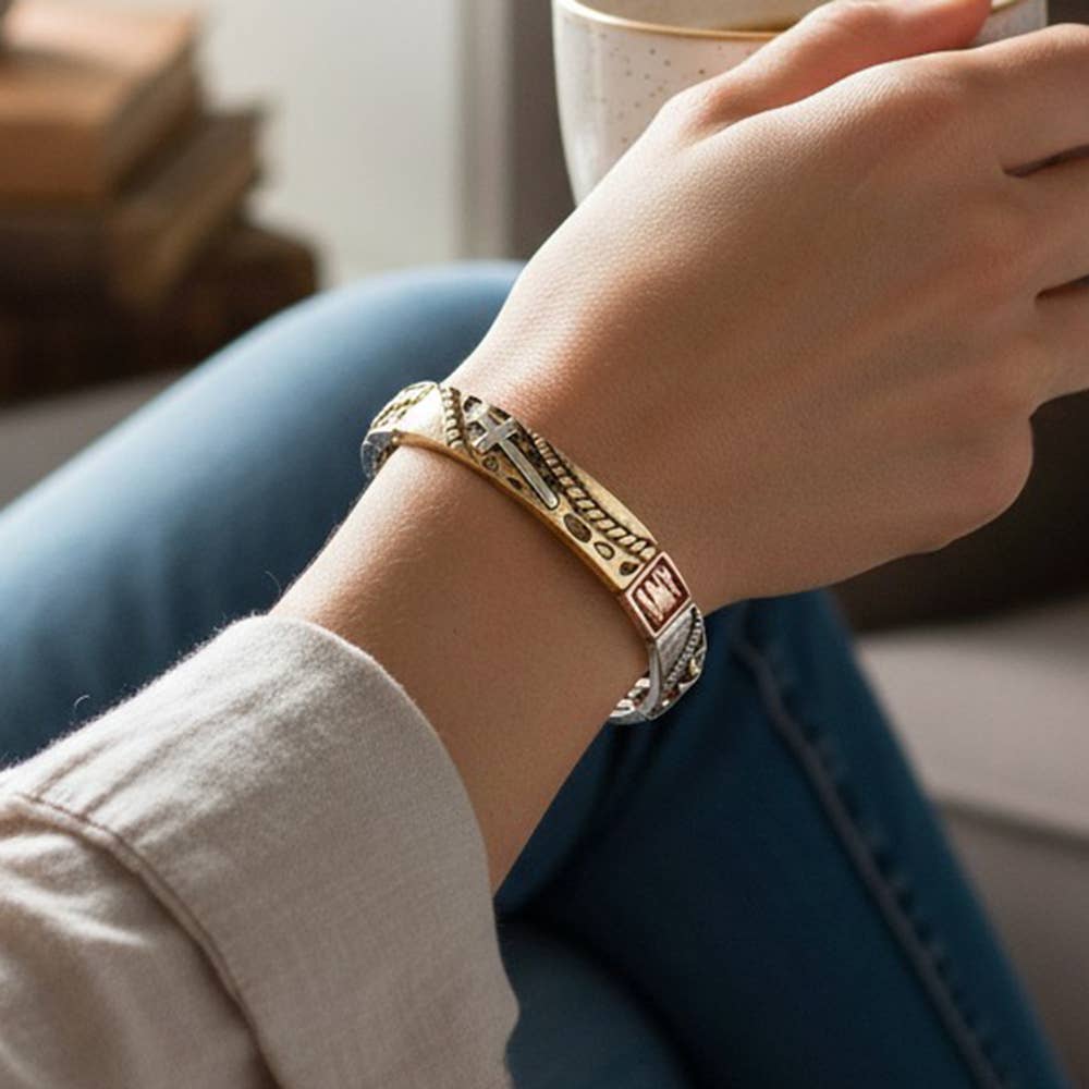 Cross Accented Metal Stretch Bracelet: Patina Verdigris