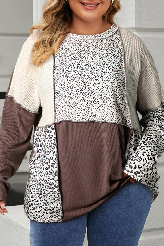 Plus Leopard Colorblock Textured Knit Patchwork Top