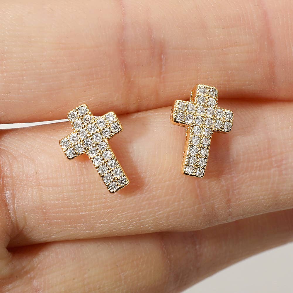 CZ Stone Paved Cross Stud Earrings: Yellow Gold