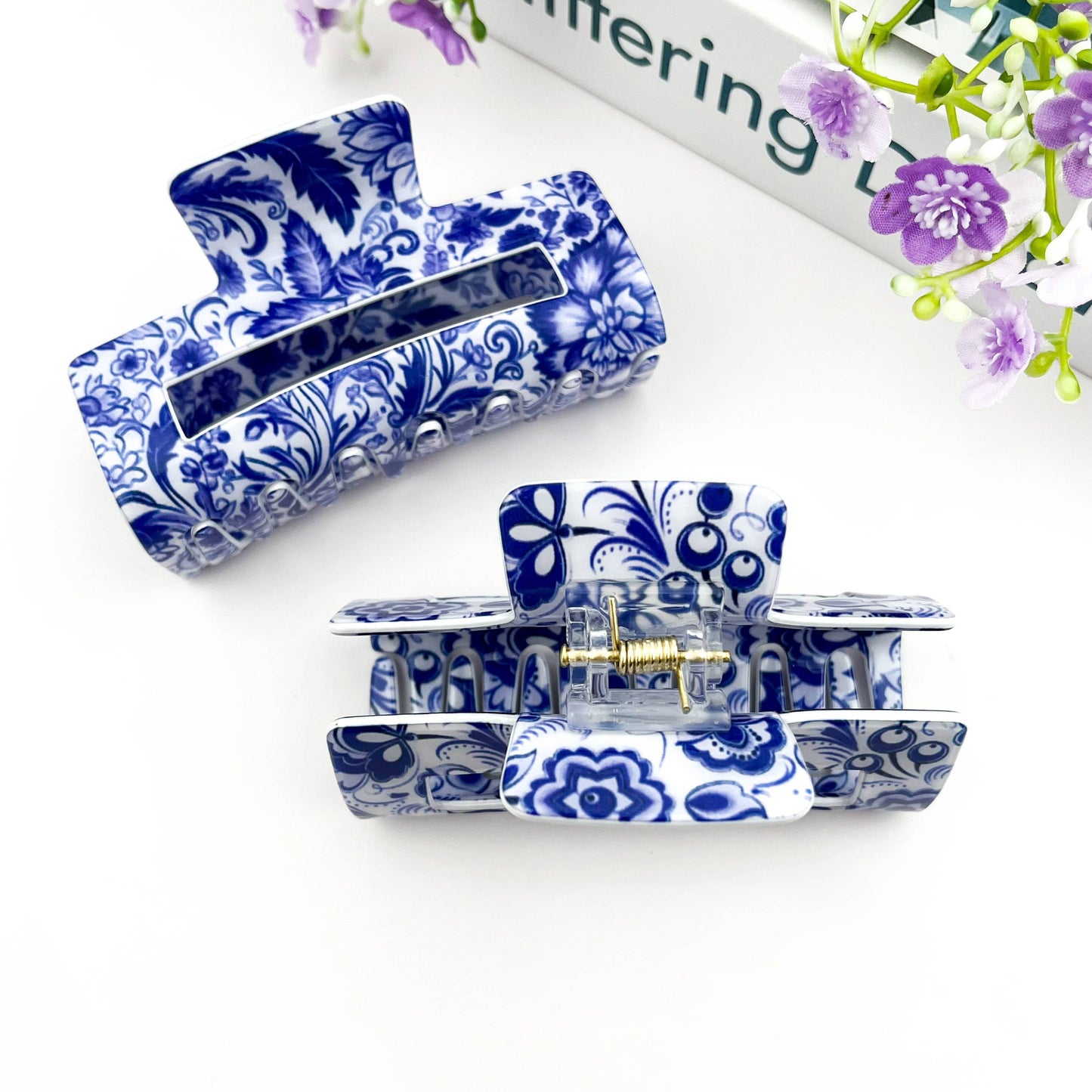 Blue & White Porcelain Pattern Rectangular Hair Claw Clip