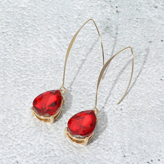 Teardrop Stone Cluster Long Drop Earrings: Red