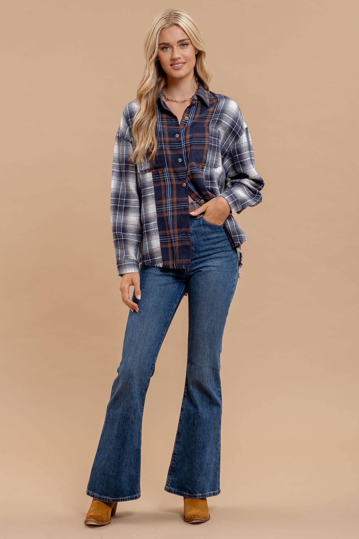 PLAID PATCHWORK BUTTON DOWN FLANNEL: NAVY MULTI