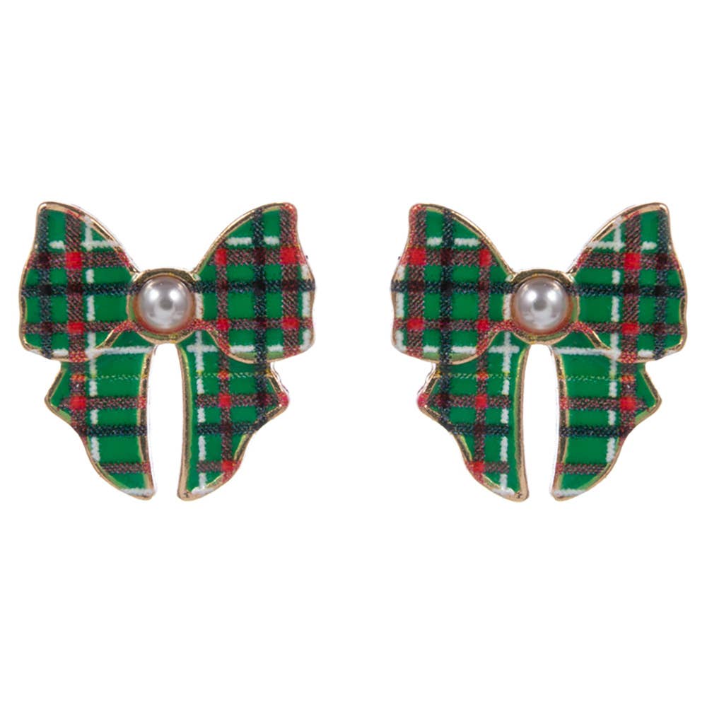 Pearl Accent Holiday Plaid Bow Stud Earrings