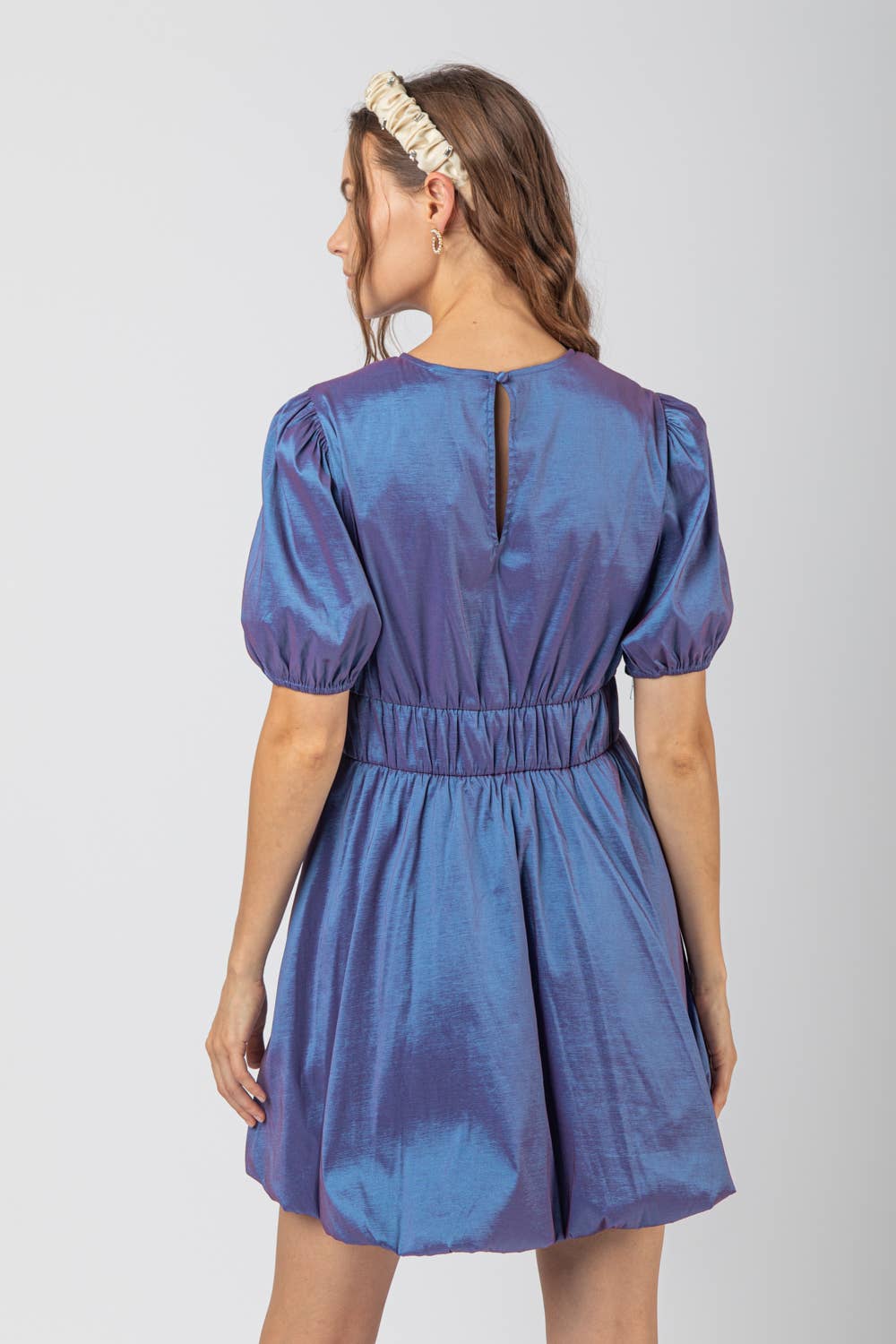 Puff Sleeve Bubble Hem Shiny Mini Dres