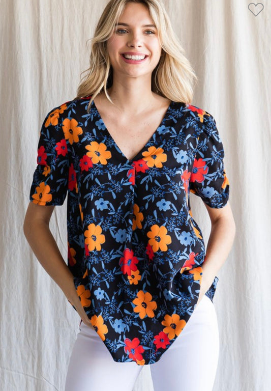 Floral V Neck Ruched Puff Short Sleeve Top