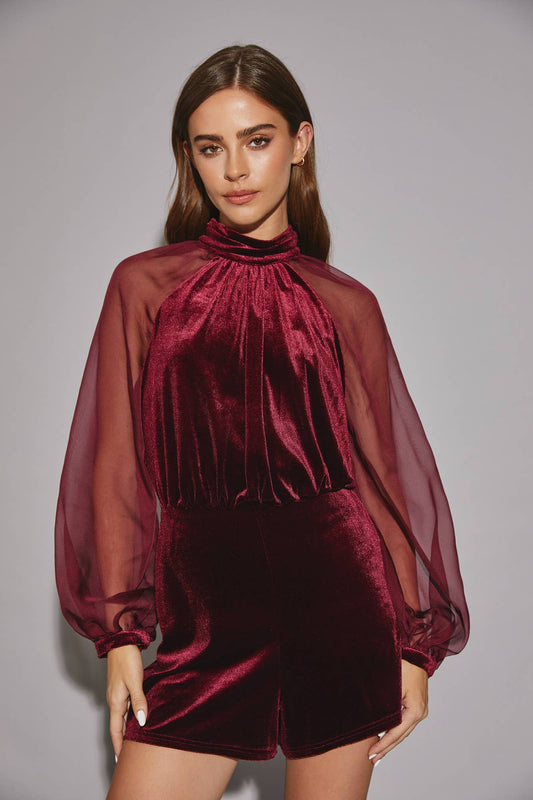 Velvet Romper w Sheer Sleeves