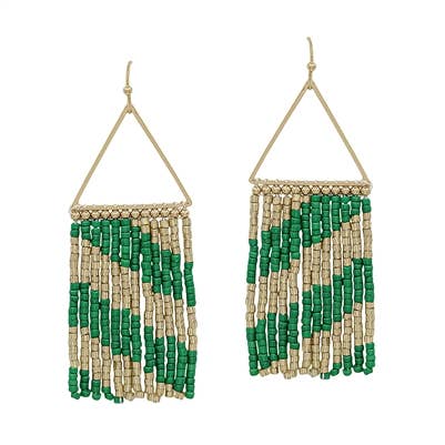 Gold Triangle with Gold & Green Seed Bead Tassel Earring