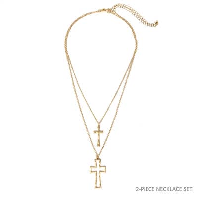 Worn Gold Cross Set of 2 Layered 16"-18" Necklace