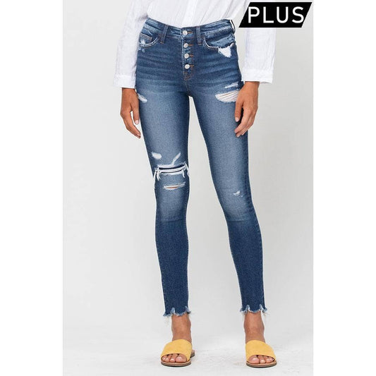 PLUS HIGH RISE PATCHED BUTTON UP DISTRESSED RAW HEM _T5023-P