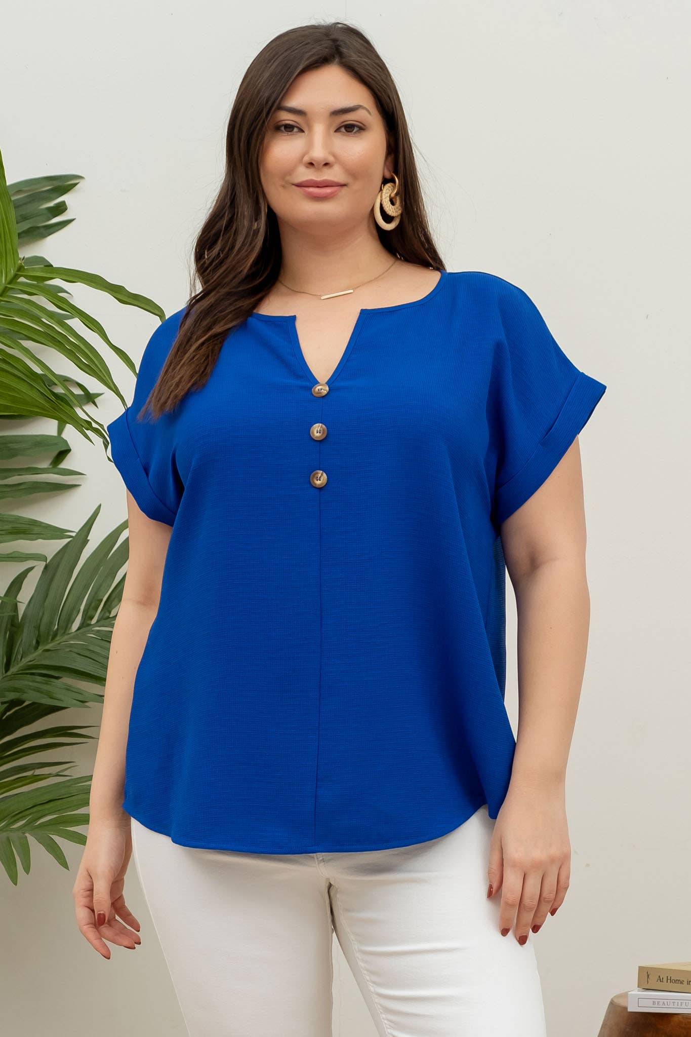 PLUS  BUTTON FRONT SHORT SLEEVE WOVEN TOP: ROYAL BLUE