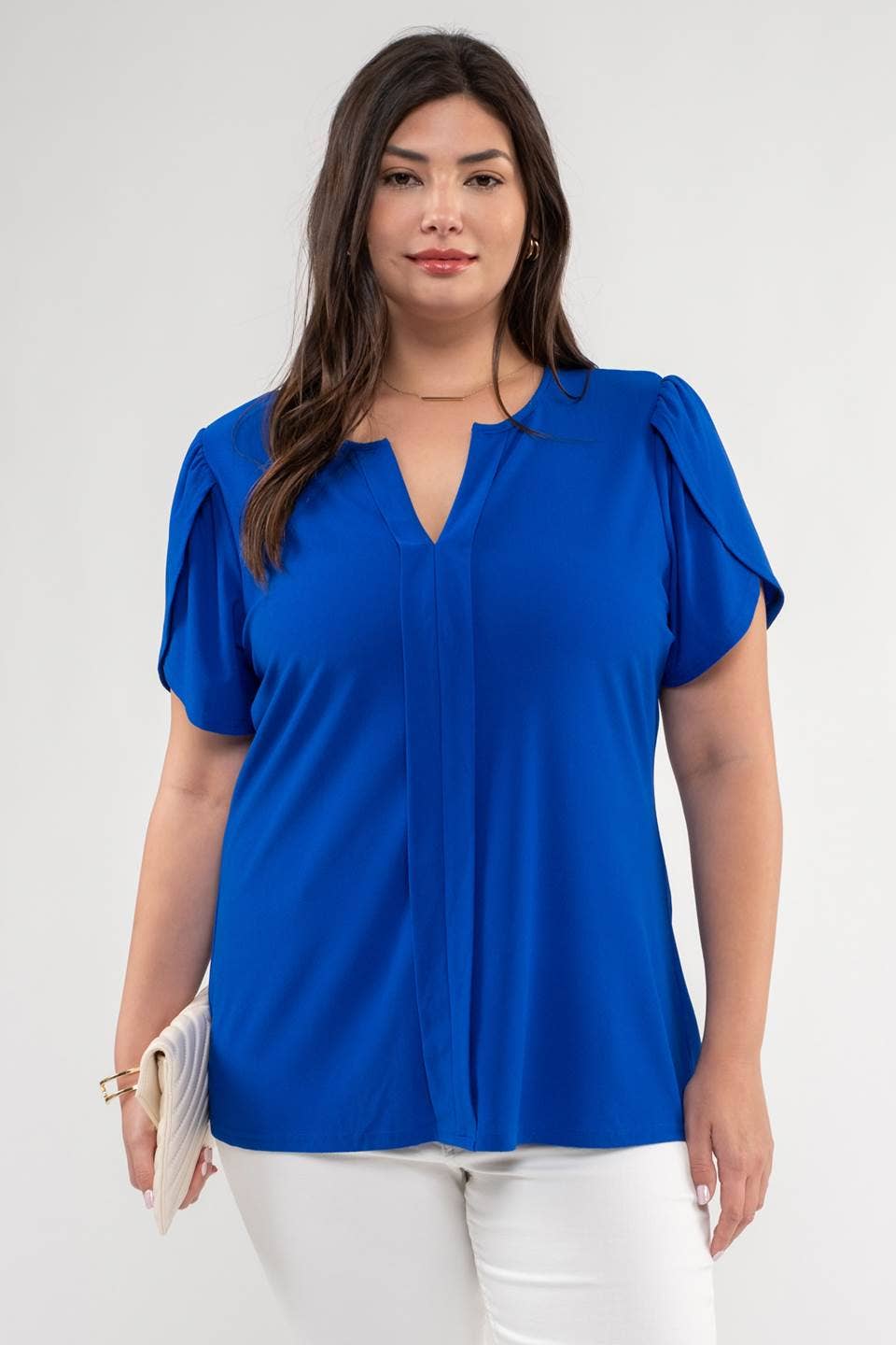 PLUS DRAPE SLEEVE SPLIT NECK TOP: ROYAL BLUE