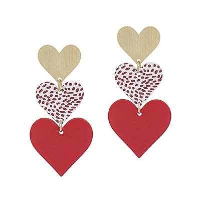 Gold & Red Color Coated Metal Drop Heart 2"Earring