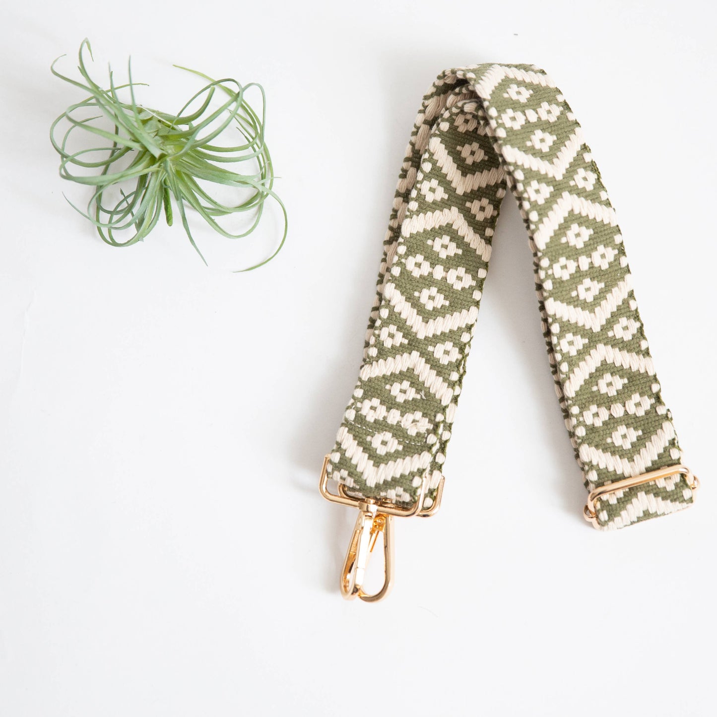 Guitar Style Strap - Olive & Cream Woven Geo