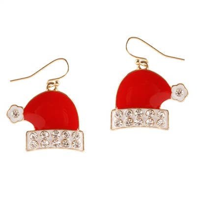 Christmas Red Santa Hat with Rhinestone 1.25" Earrings