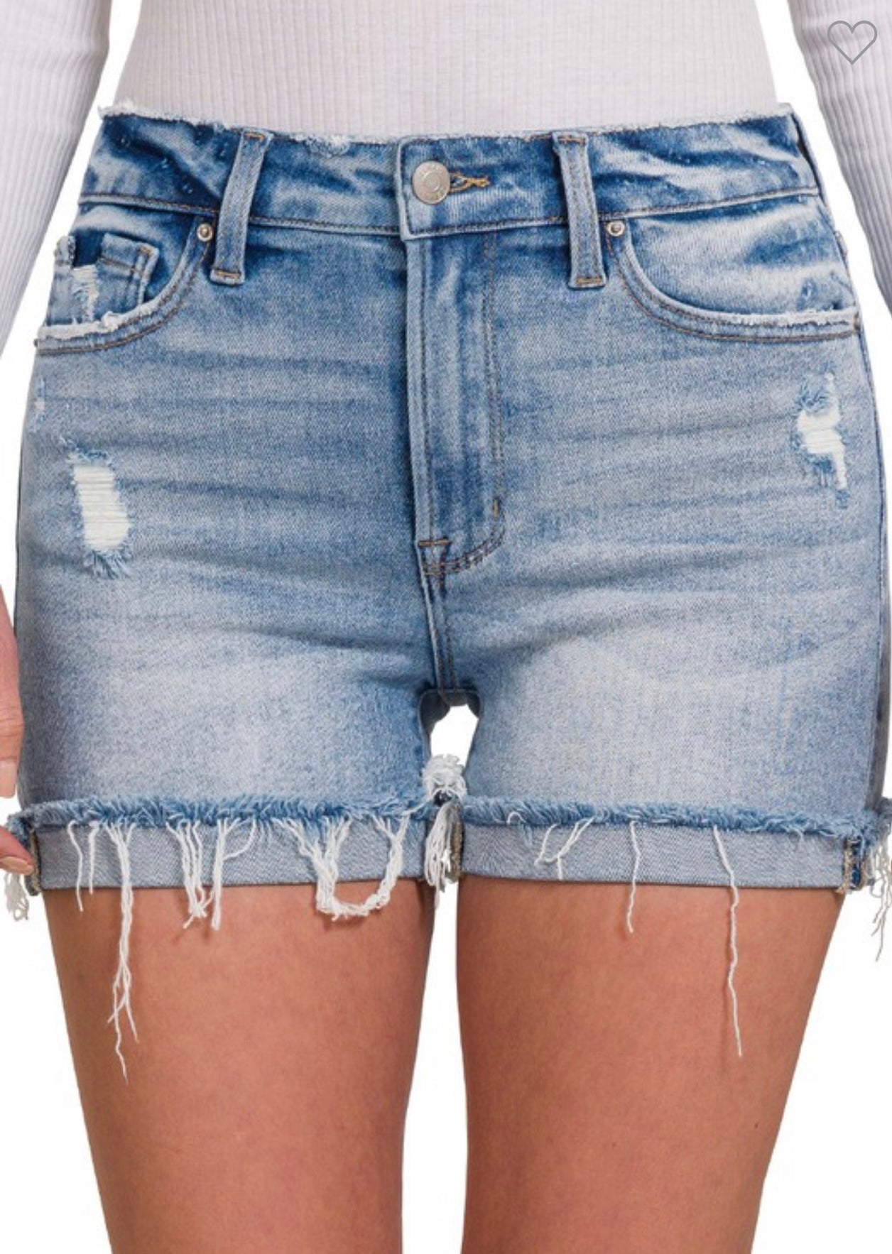 ZENANA Distressed Rolled Raw Hem Denim Shorts