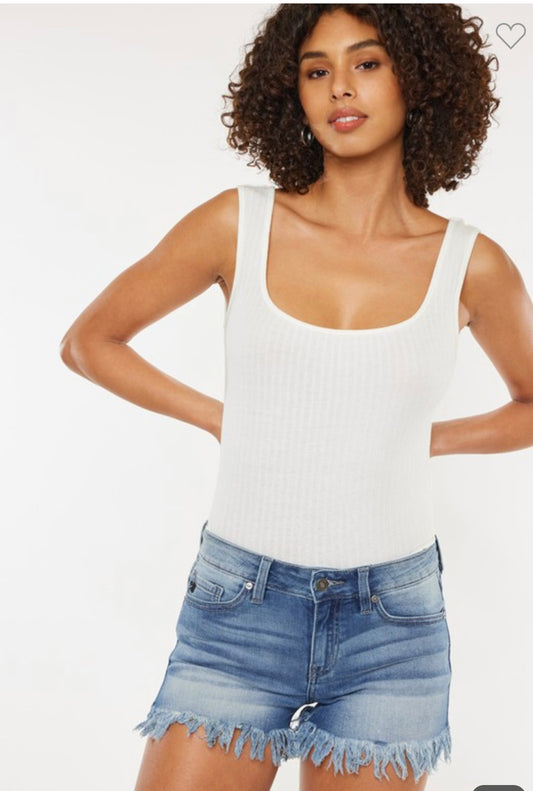 Mid Rise Frayed Hem Denim Shorts