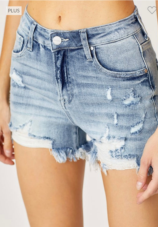 Plus HR Distressed Denim Shorts